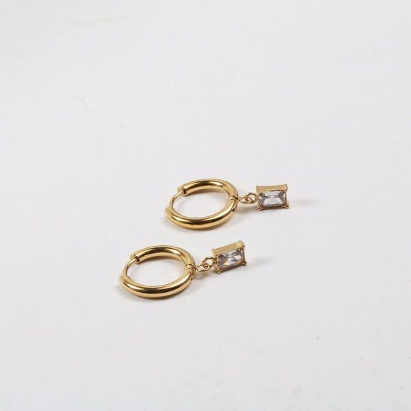 Real 18K Gold Plated Stainless Steel Huggie Hoop Baguette Crystal Earrings - Picture 2 of 6
